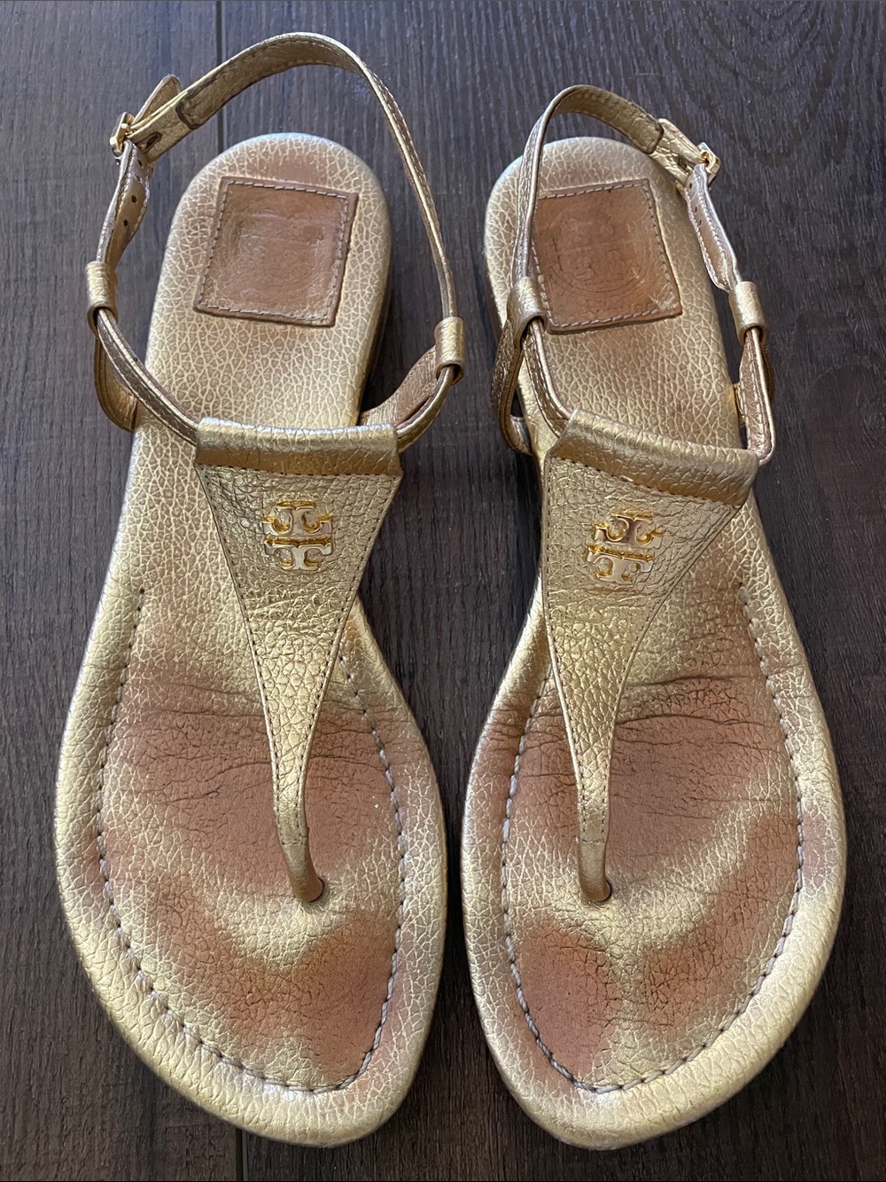 Tory Burch Metallic Gold Leather T-Strap Slingback Sandals